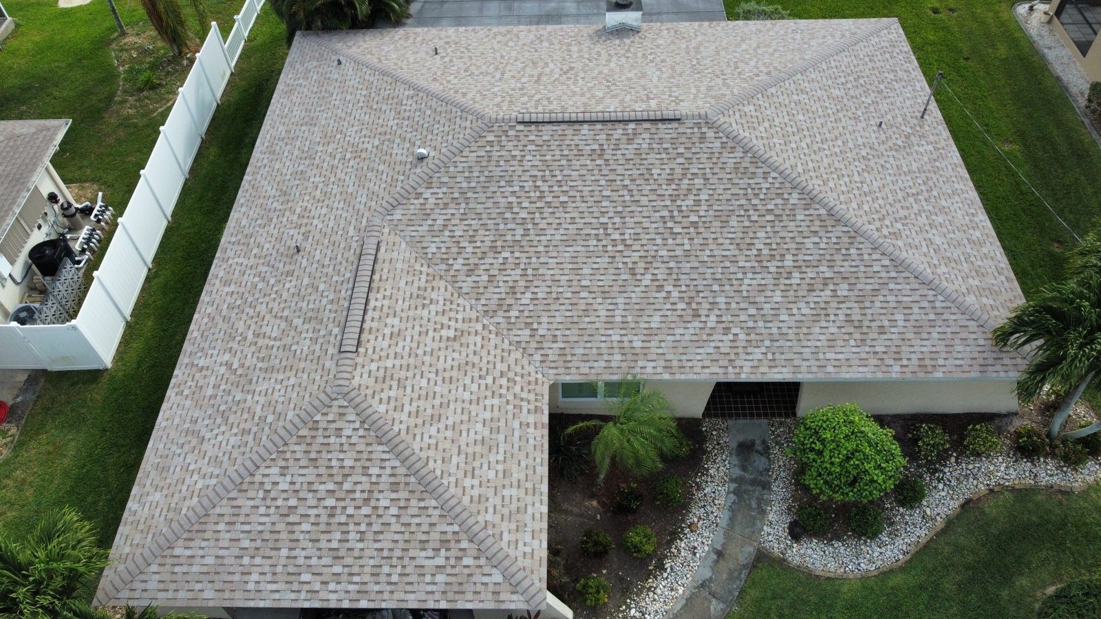 Aerial view of completed architectural shingle roof